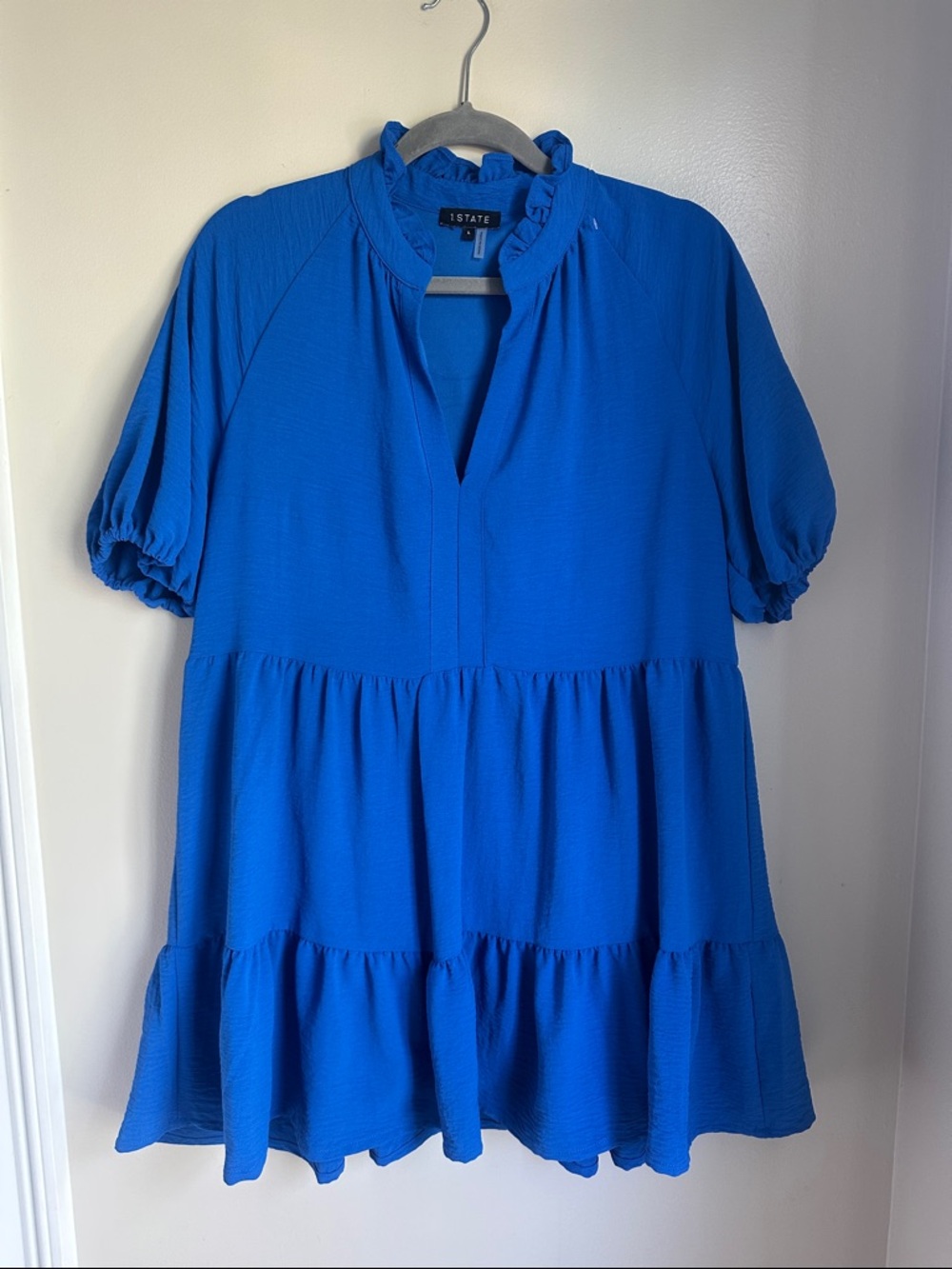 1. State Women's Royal Blue Ruffle Neck Tiered Blouse - Sz L - NWOT